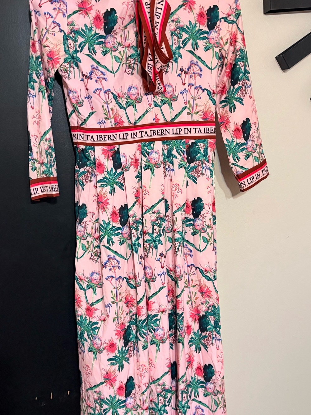 Pink Floral Maxi Dress with Green & Coral Accents, Sz. Medium